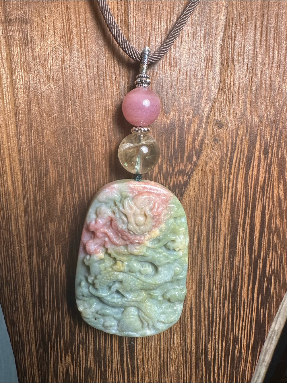 Ocean Jasper Dragon Pendant Necklace with Citrine and Rose Quartz on Brown Rope - Picture 3 of 16